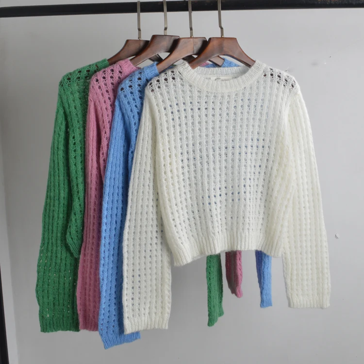 

Spring New round Ne ort High Waist Hollow out Pure Color Camere Knitted Mixed Long Sve Top Women's Commute Sle Swe...