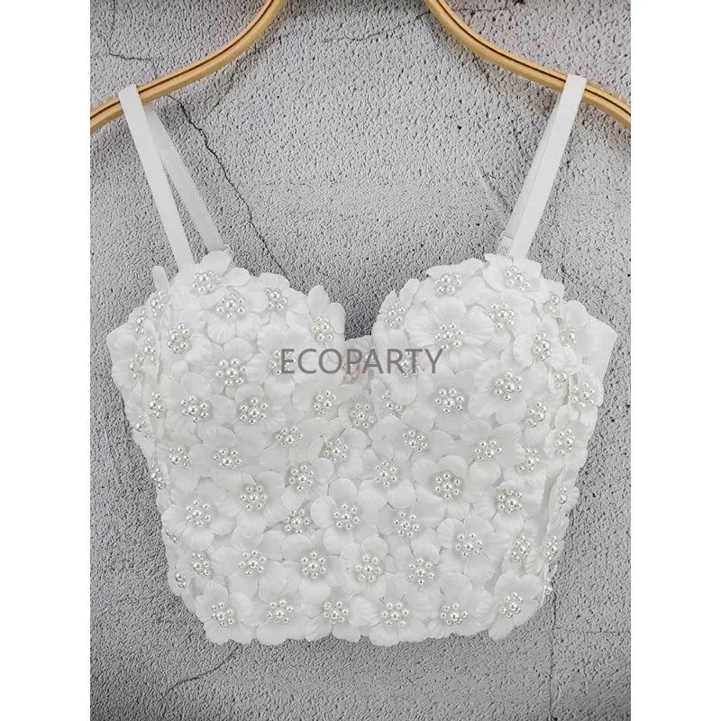 

Sweet Style Women Camis Corset Flower Contrast Color Patchwork Beading Diamond Inlay Strapless Tank Tops Spring Summer Ecoparty