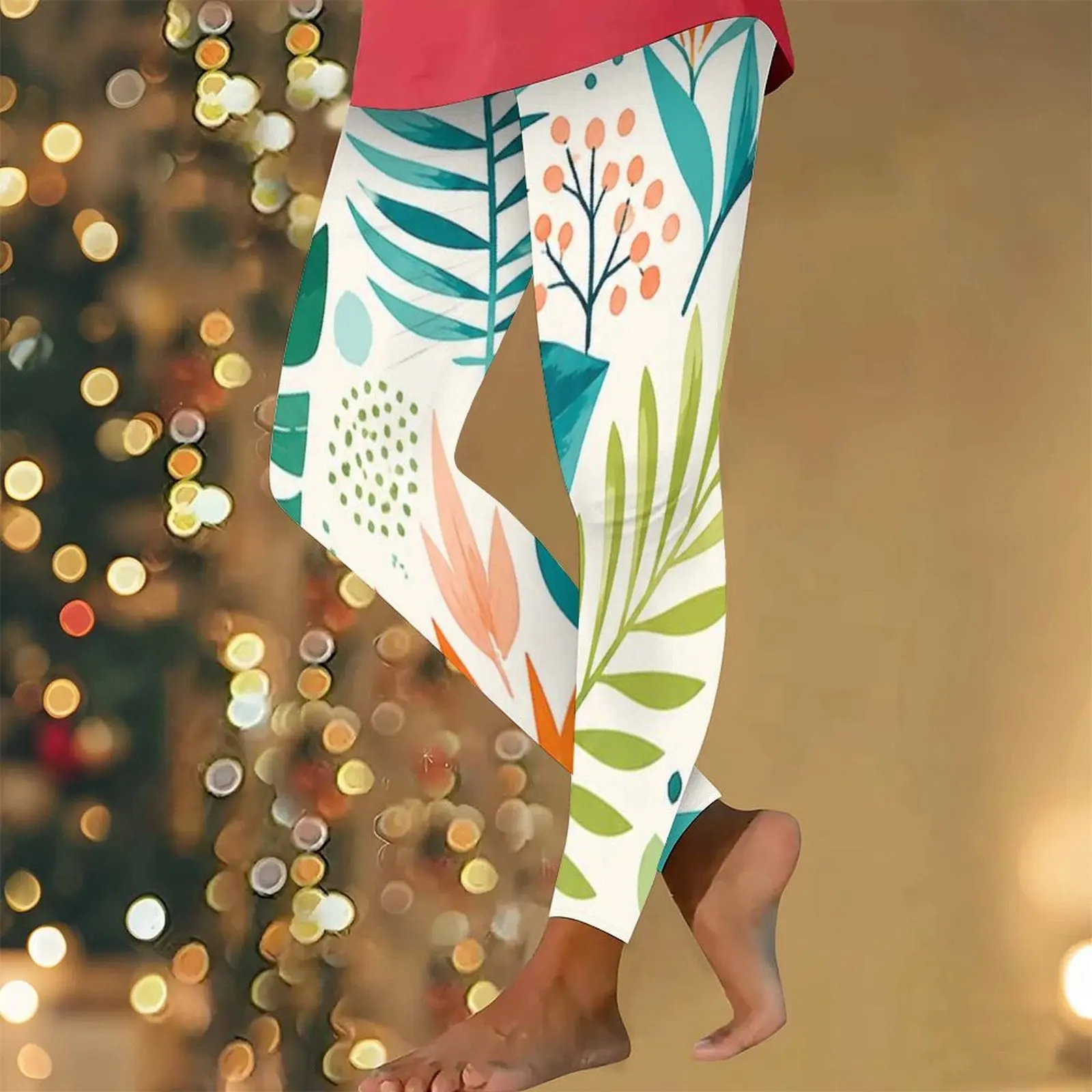 Women High Waist Full Length Fitted Printed Tropical Leaf Leggings