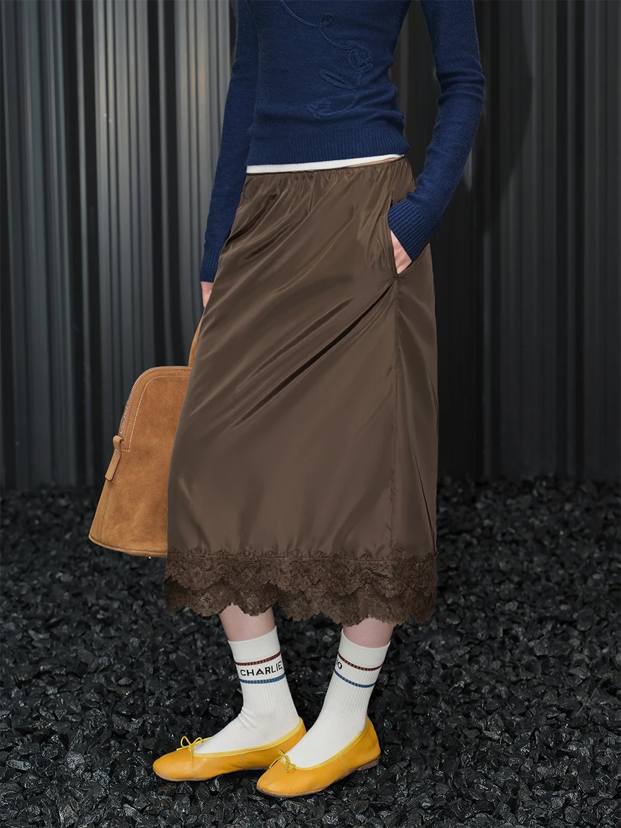 

High Waist Midi Skirt Women's Coffee Color Drapey A-Line Skirt Street Sle Polyester Fabric Ciwalk Autumn New Arrival