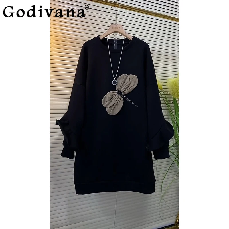 فستان الربيع والخريف بفيونكة حلوة متوسطة الطول كلاسيكي برقبة دائرية سميكة، فساتين سوداء فضفاضة متعددة الاستخدامات بأكمام طويلة #1