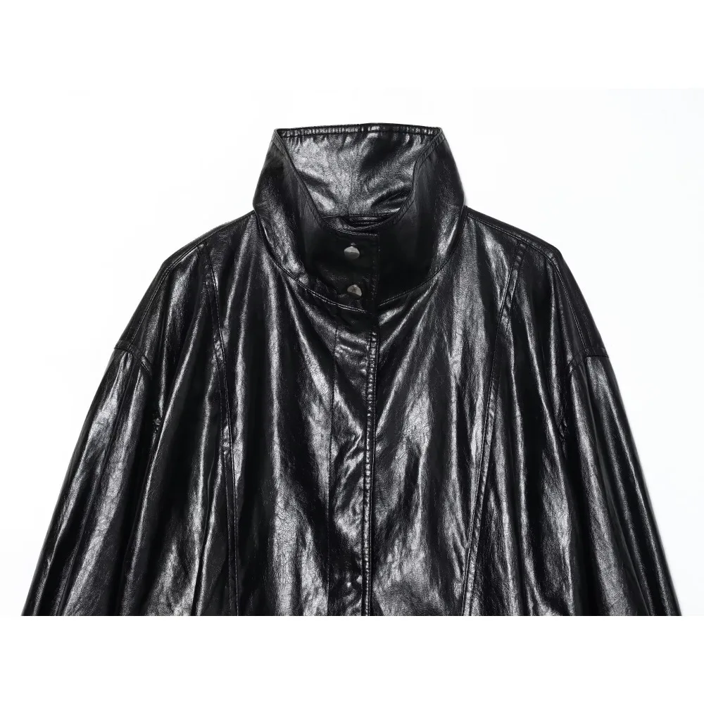 New in Stylish Black Bomber Jackets for Women Autumn Faux Leather High Collar Jackets High Street Zippered Outwears with Pockets
