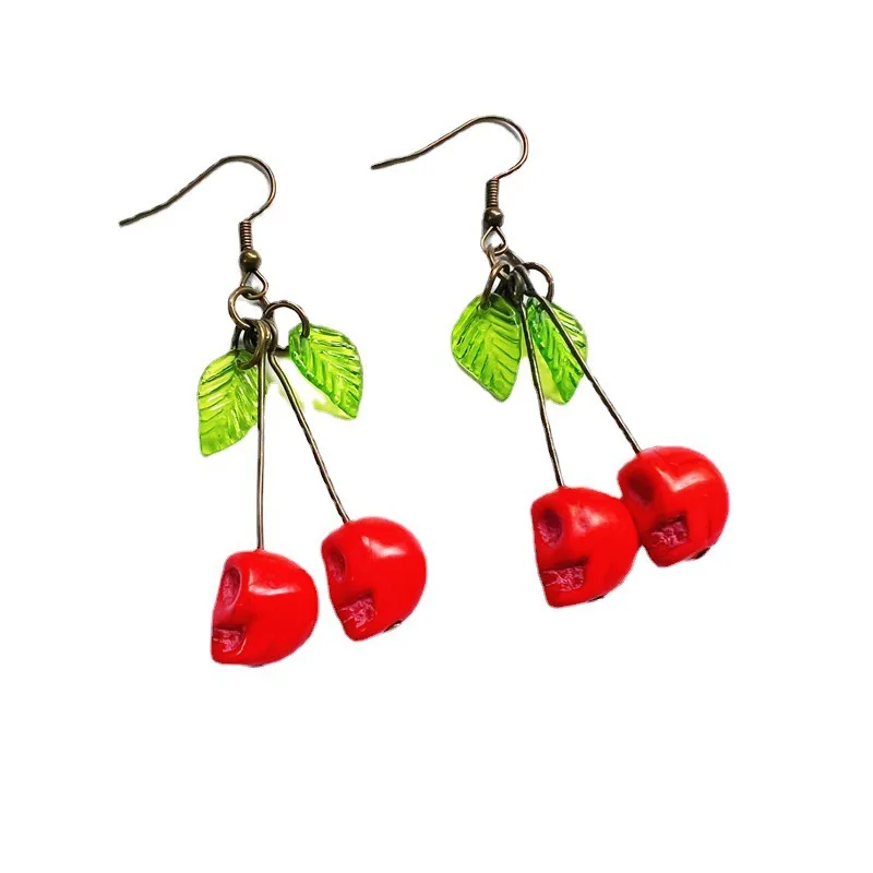 Gothic Skull Cherry Earrings For Women Fashion Pagan Witch Jewelry Accessories Gift Red Vampire Skull Green Leaf Ear Hooks Trend