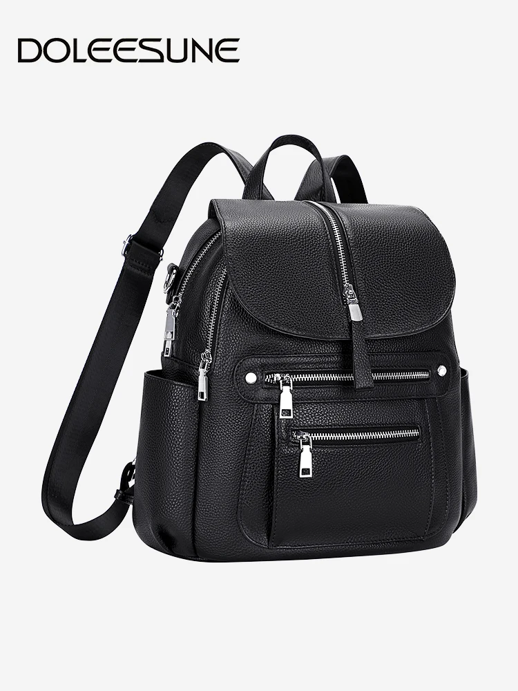 Doleesune genuíno couro de vaca feminina mochila saco moda bolsa de ombro conversível multi bolso senhoras faculdade daypack