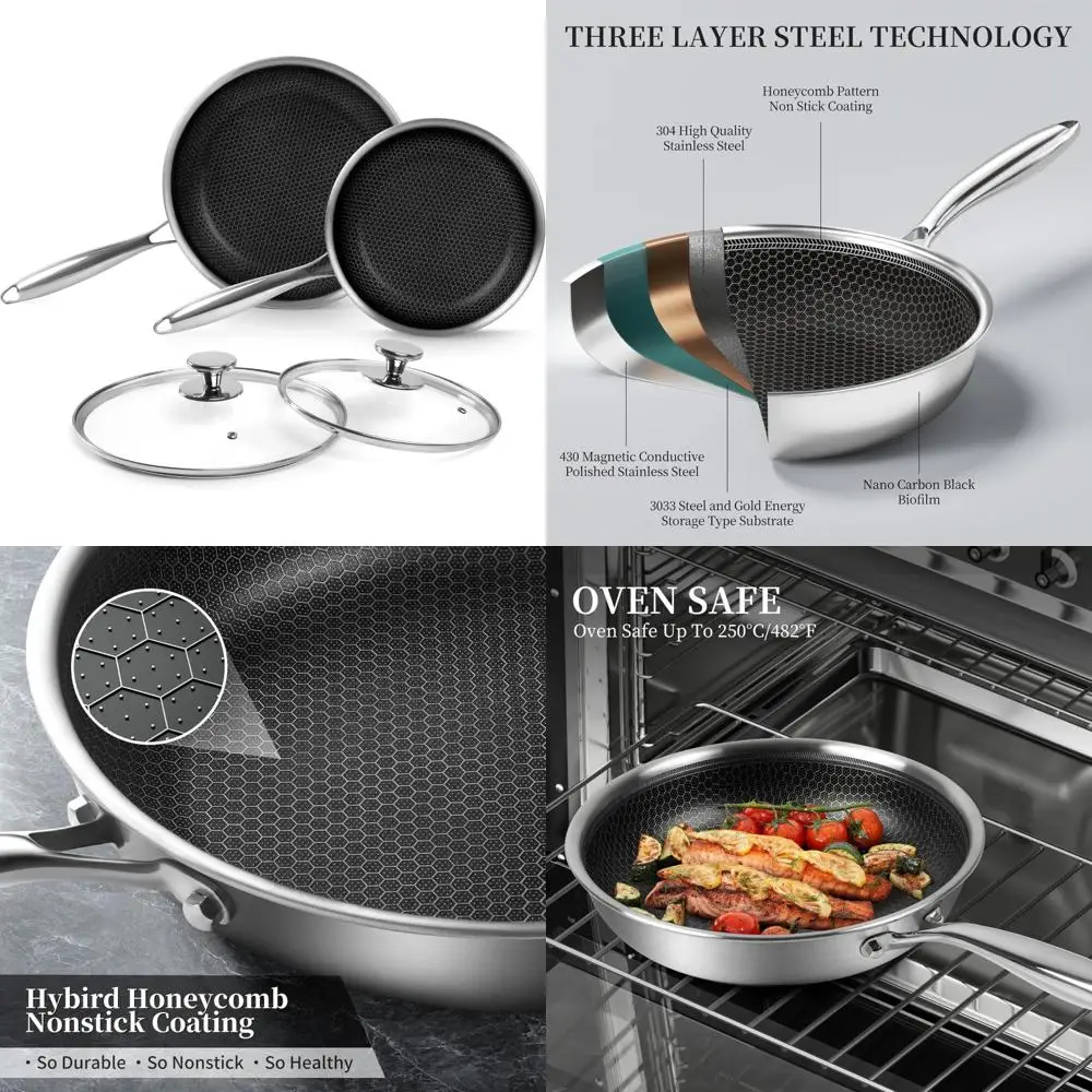 

Nonstick Honeycomb Stainless Steel Frying Pan Set, 9.5 and 11 Cooking Pans with Lid, Tri-Ply Construction for Even Heat Distribu