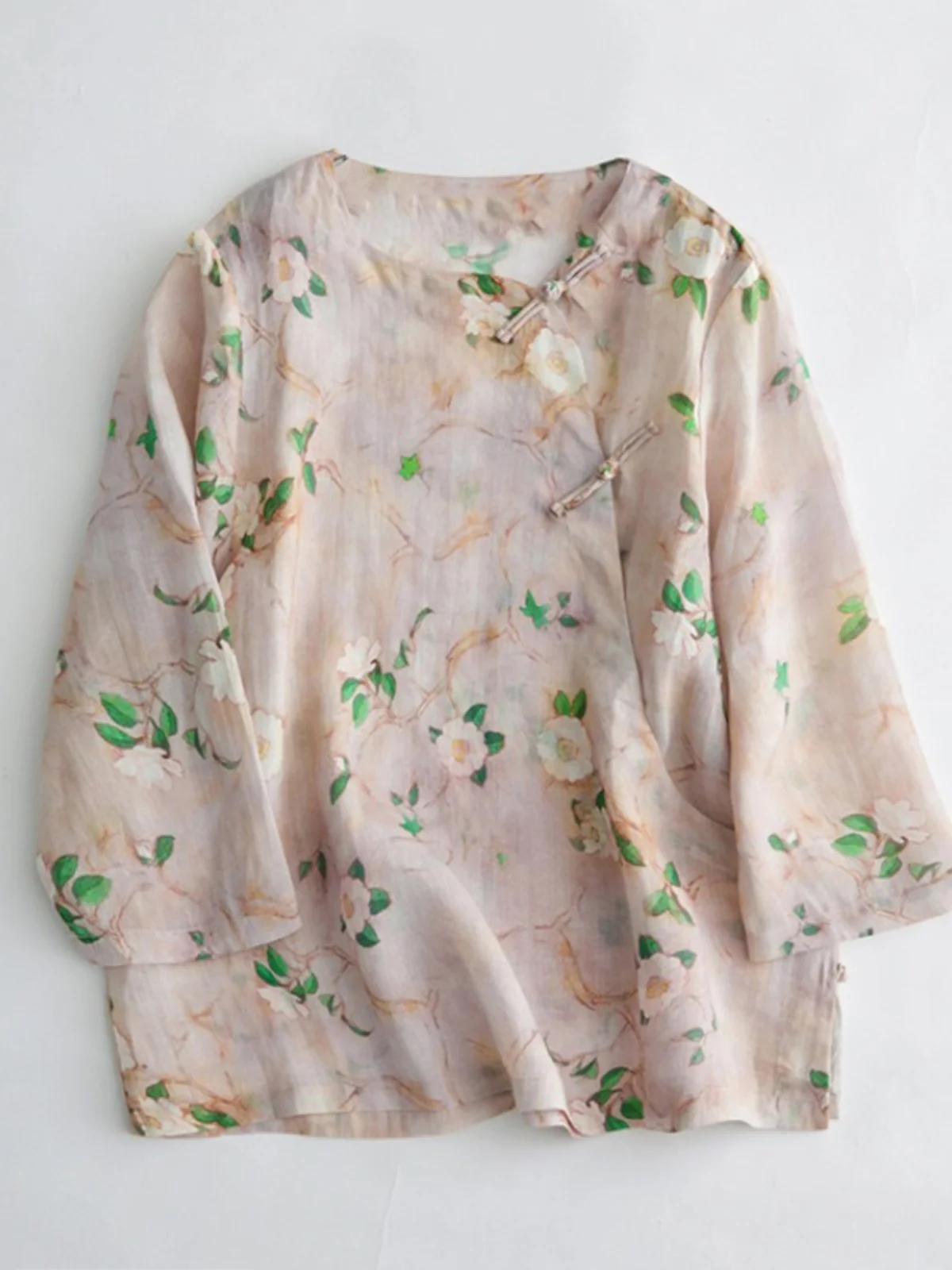 

Женский льняной топ больших размеров в стиле ретро на пуговицах, летний круглый тонкий дышащий китайский топ, свободный крой, повседневный