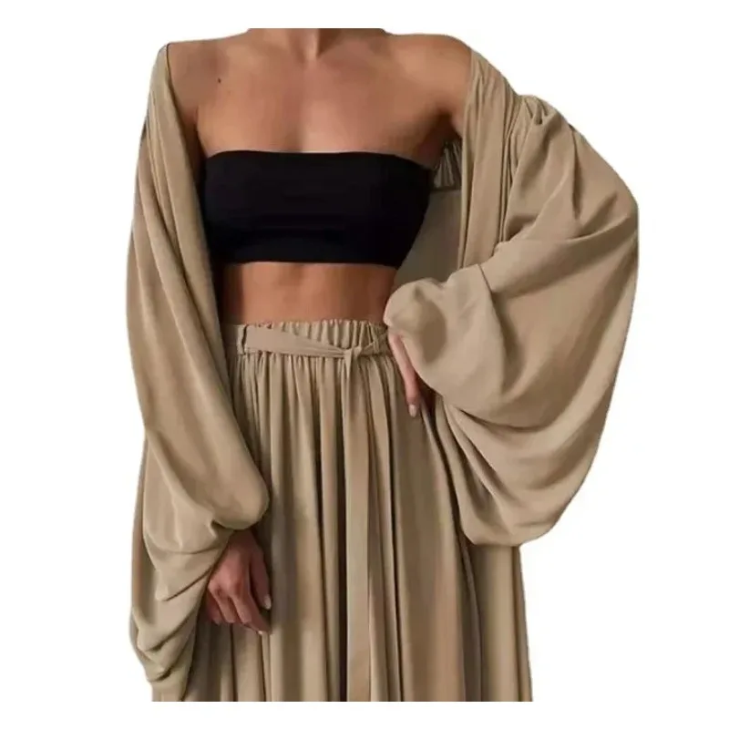 

Женский домашний комплект: модный повседневный кардиган с рукавами-фонариками + брюки с широкими штанинами, 3 предмета, мягкий весенний костюм из трех частей