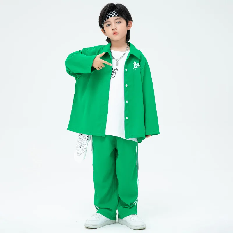 Boys Hip-hop Clothes Street Dance Clothing Kids Sets Green Top Pants for Girls Children Jazz Performance Clothing