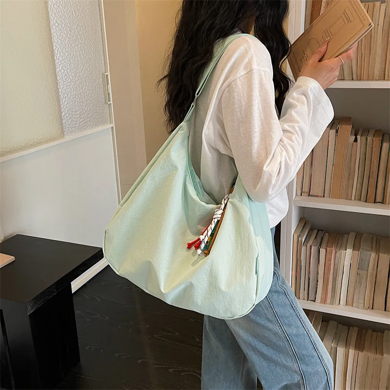 Custom Logo Women Nylon Hobo Shoulder Bag Colorful Braided Tassel Charm Decor Large Capacity Strap Casual Daily Shopping Bag