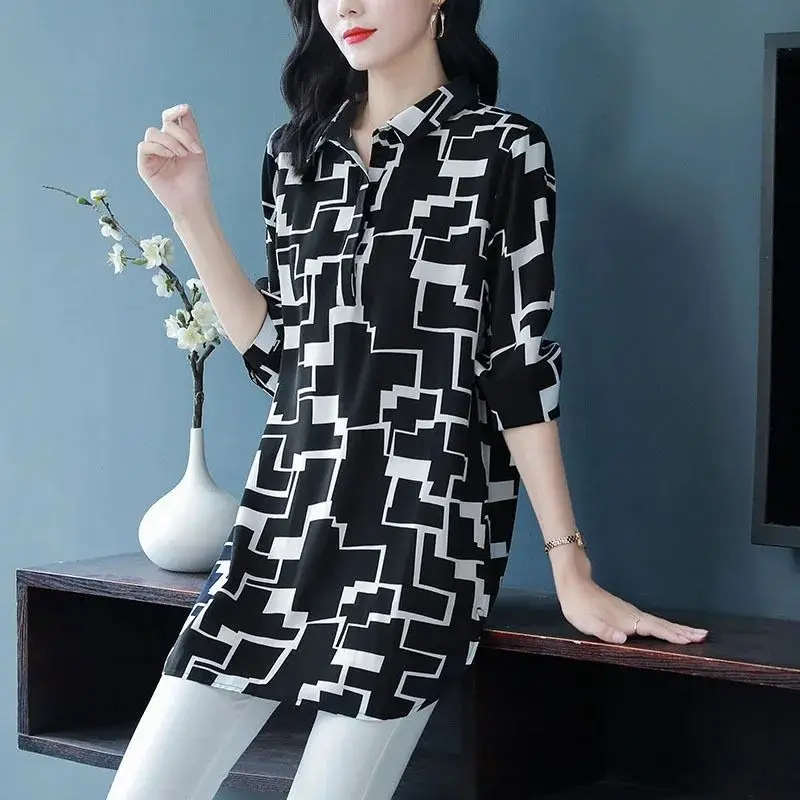 Spring Summer Long Blouses Printing Lattice Graphic Turn-down Collar Chiffon Women's Clothing 2022 Loose Pullovers Popularity