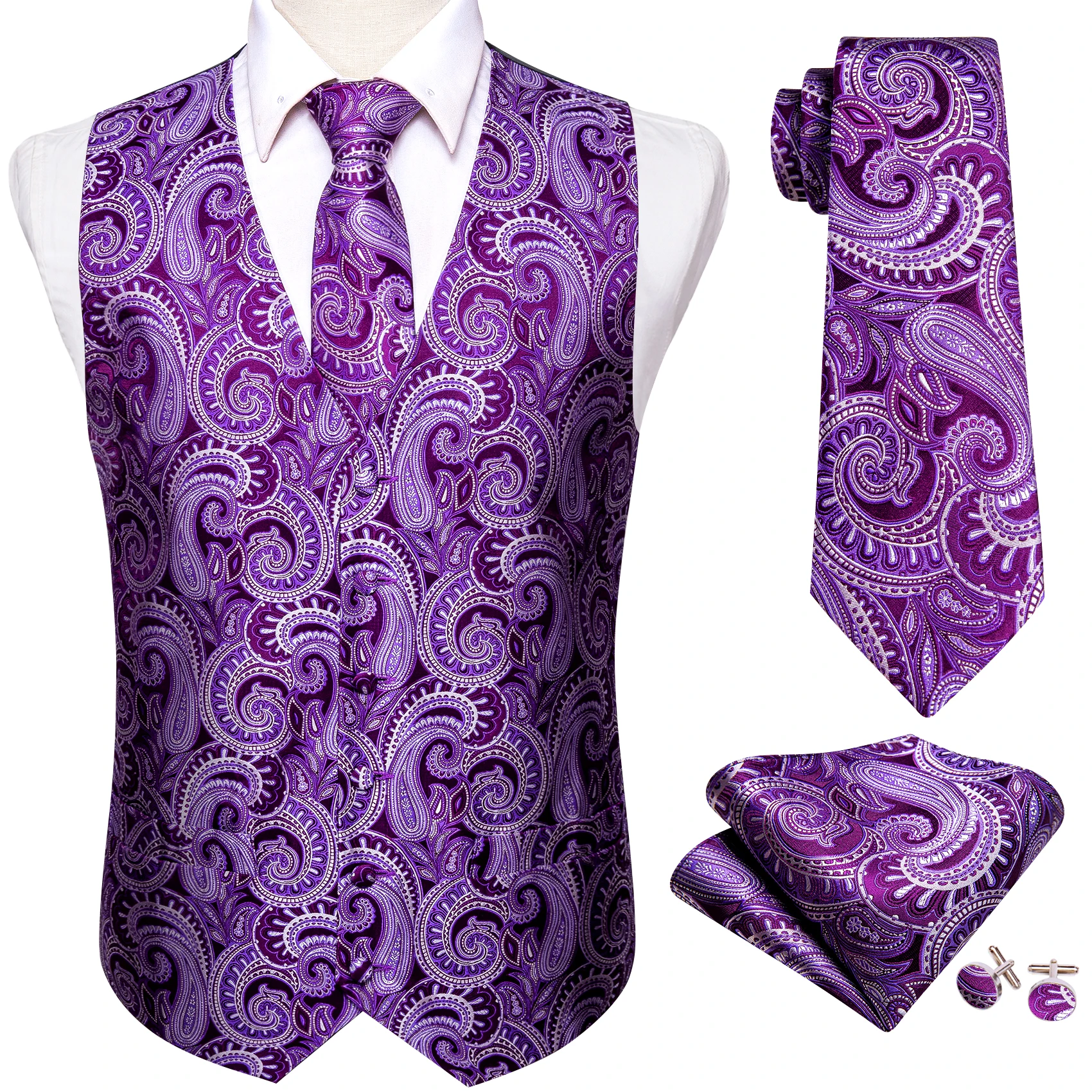 Purple White Paisley Waistcoat Accessory Kit Tie Pocket Square Cufflinks For Holiday Theme Ball Stage Show