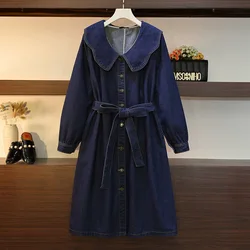 160Kg Plus Size Women's Bust 151cm Spring Autumn Loose New Doll Collar Long Denim Dress Blue 6XL 7XL 8XL 9XL