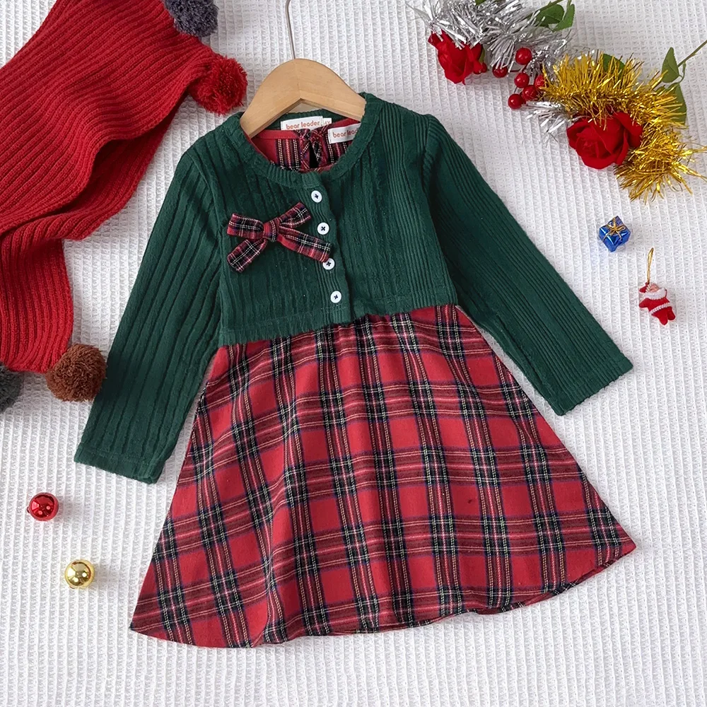 Autumn New Girls Sweet Outfit Sleeveless Print A-Line Dress + Bow Decoration Coat 2 Pcs Set 3-7 Years Kids Fashion Wear