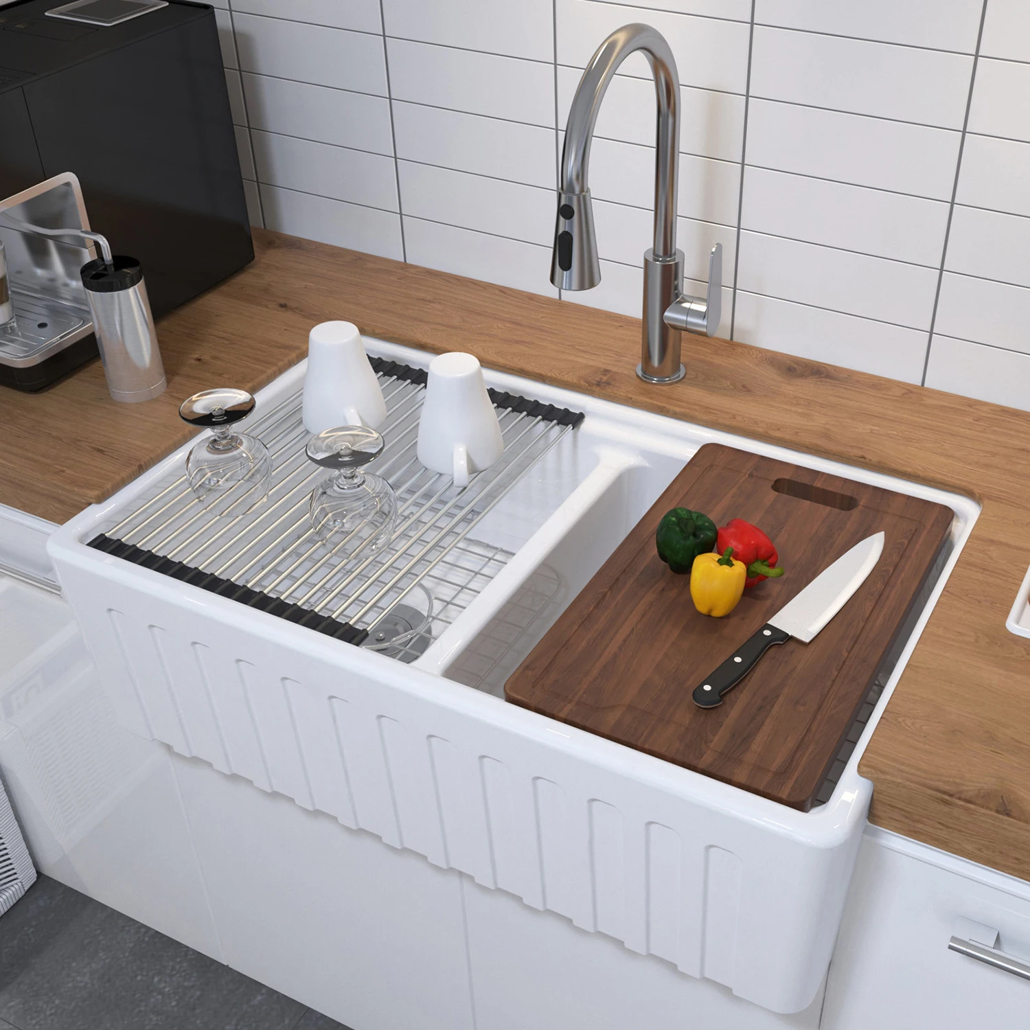 Aquacubic Reversible Double Bowl Farmhouse Sink with Apron Front Porcelain Ceramic Kitchen Sinks Includes Accessories