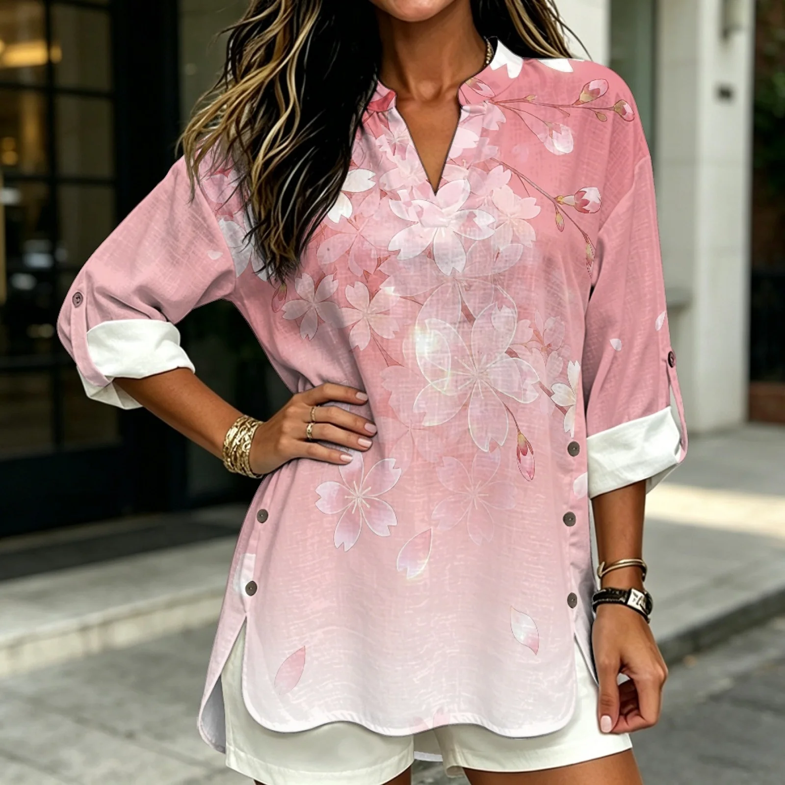 PENSTROLL Pink Cherry Blossom Linen Like Long Sleeve Tops for Women Trendy Women's Loose Fit Tops for Autumn Sizes S-5XL