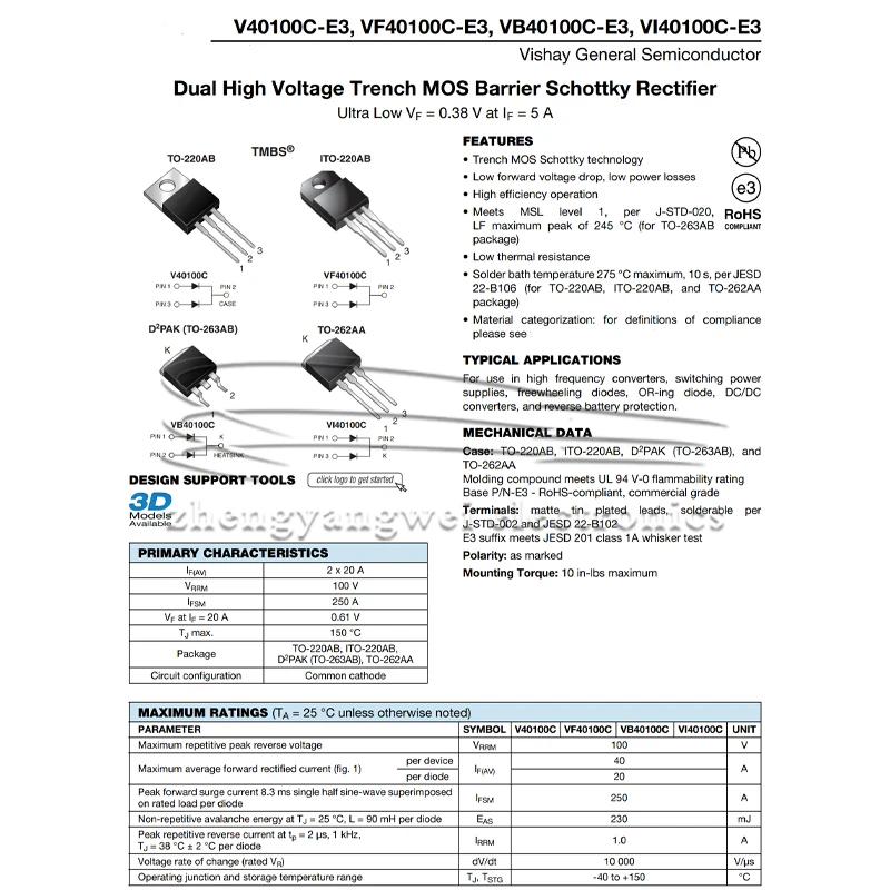 VB40100C TO-263 VB40100C-E3/8W 5PCS 20A 100V Schottky Diode Rectifier LCD Switch