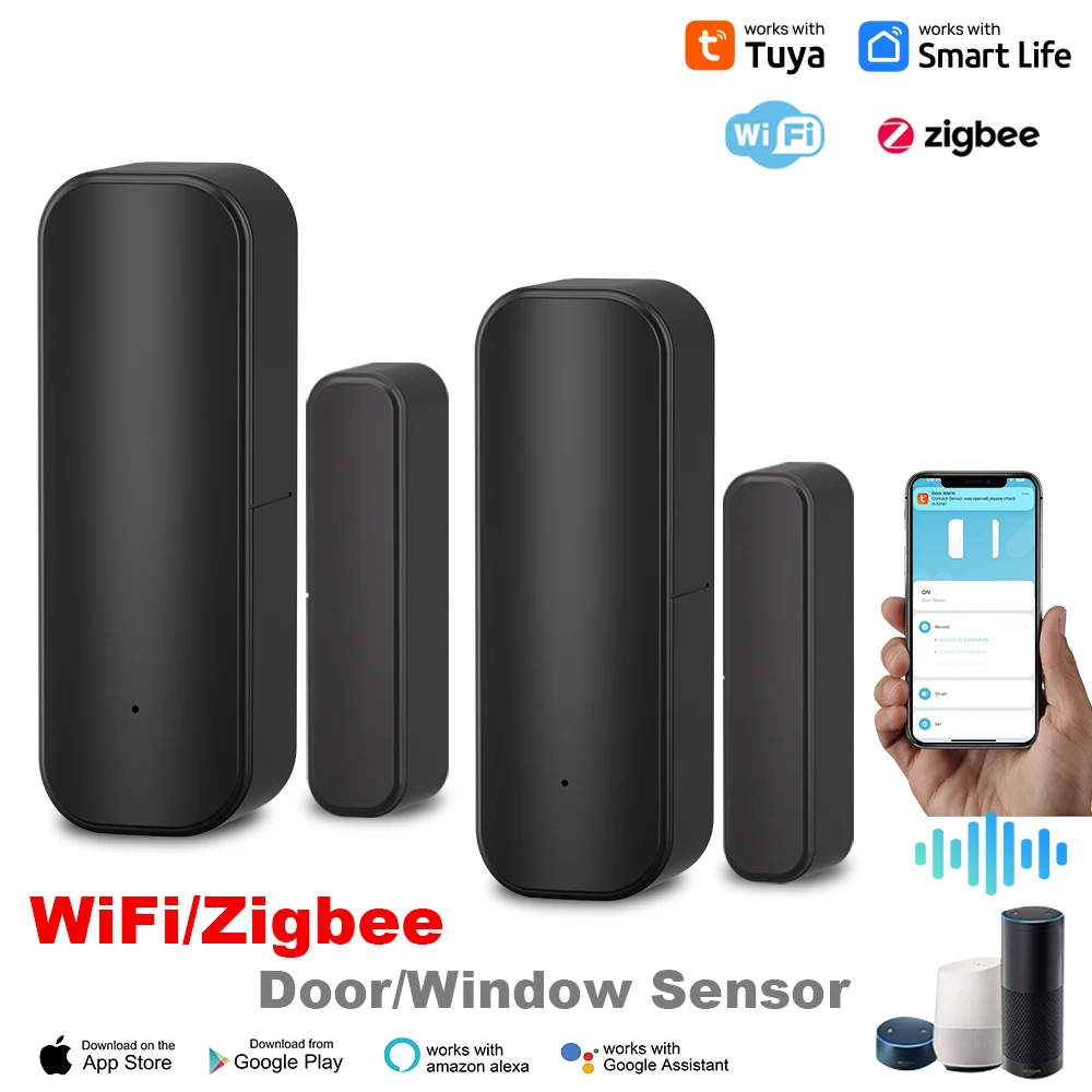 Tuya WiFi o Zigbee Sensor de puerta y ventana batería sistema de alarma de seguridad para el hogar inteligente Control por voz