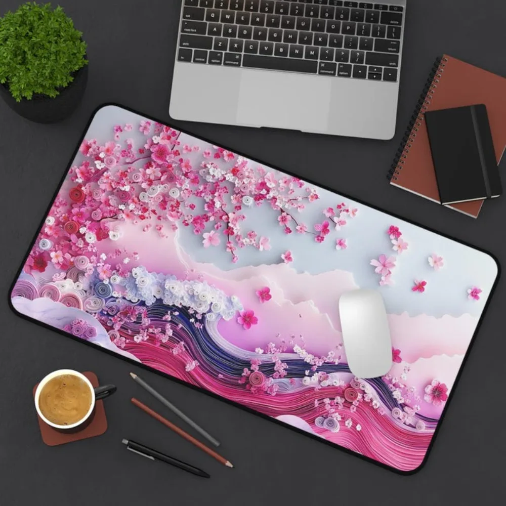 

Pink cherry blossom wave desk mat for PC office desktop decoration is suitable for gamers and families. The desk mat is washable