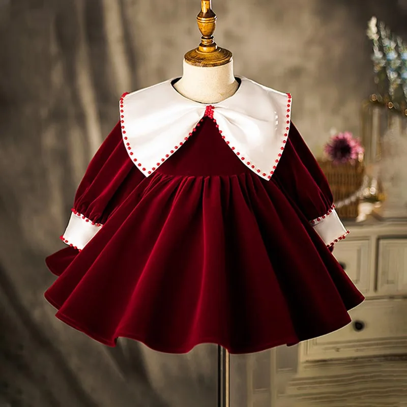 Vestido de baile de princesa para niñas pequeñas, vestido de fiesta de boda de manga larga, diseño de cuentas de lazo lindo, bautismo de cumpleaños, g95