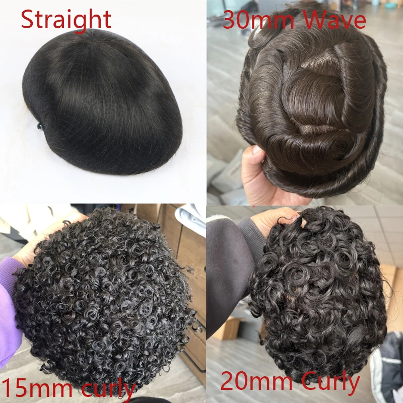 ผู้ชายวิกผมผมมนุษย์ Super ทนทาน MONO 20MM CURLY Toupee ผู้ชาย Capillary Prosthesis ผมหน่วยเปลี่ยนระบบชิ้นสําหรับชาย