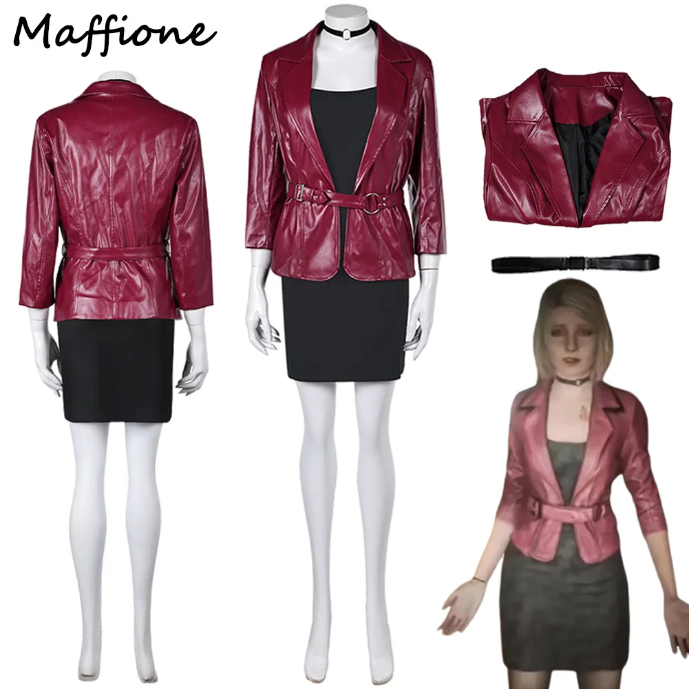 

Maria Cosplay Wine Red Jacket Costume Silent Game Hill 2 Re Role Play Dress Belt Outfits Women Disguise Halloween Party Suits