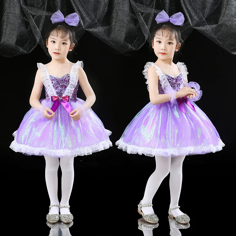 

Children's performance costumes, kindergarten girls, fluffy skirts, performance costumes, purple sequin dance costumes, cute pri