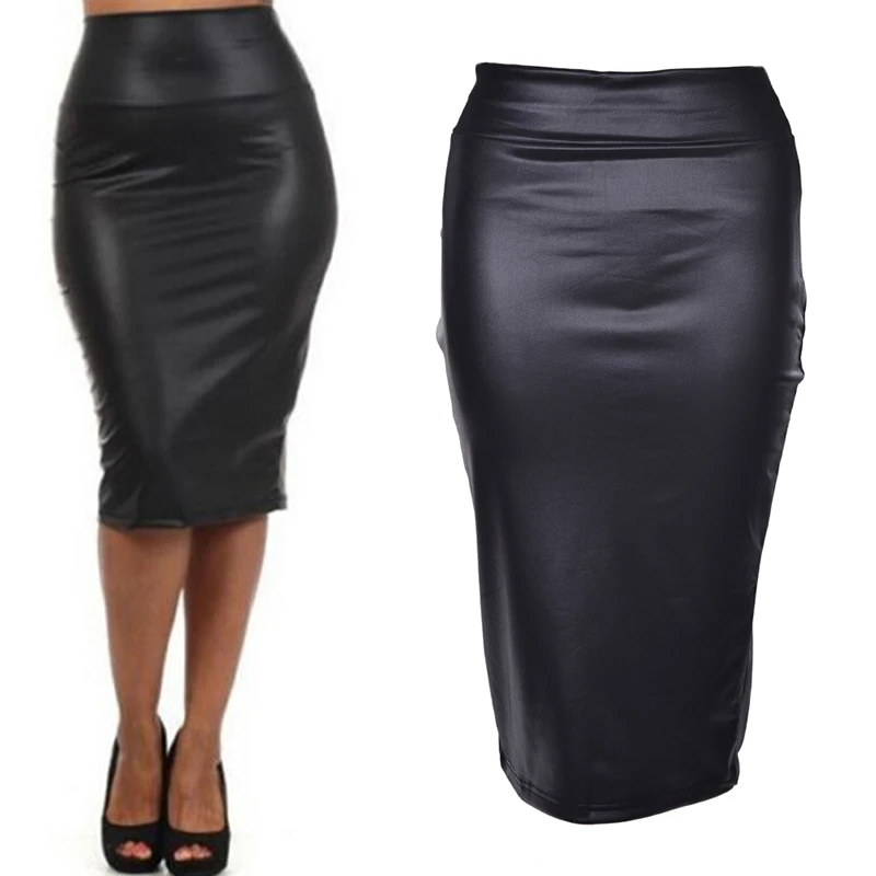 Womens PU Leather High Waist Knee Length Straight Package Hip Pencil Skirt Dress,