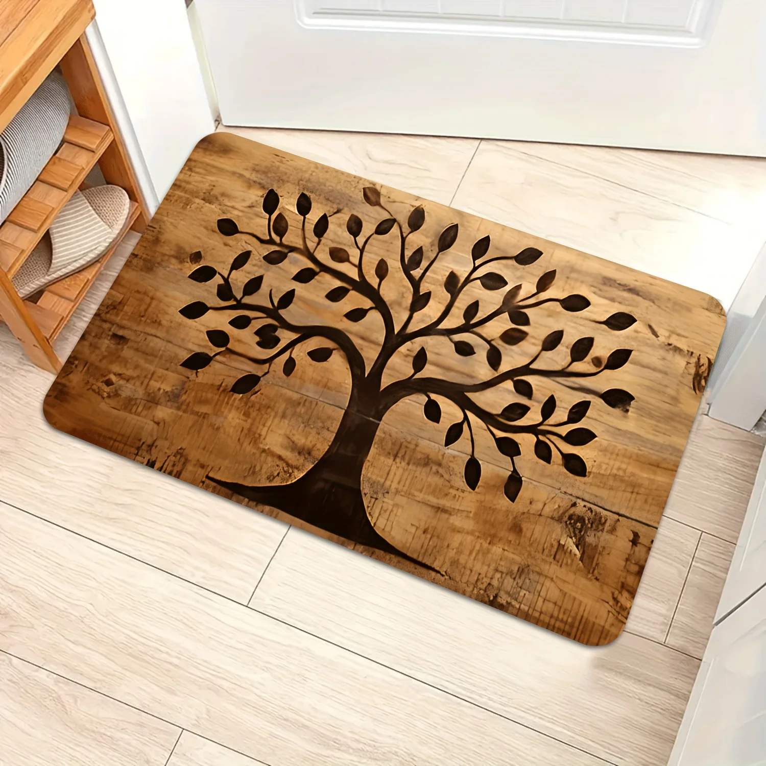 1pcs High-end flannel simple brown wood grain tree of life pattern design doormat, machine washable, suitable for hallway