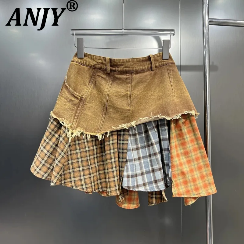 ANJY Sommer Neue frauen Ins Nische Design Flut Unregelmäßigen Plaid Patchwork Denim Kurzen Rock Trend Hip-Hup Streetwear röcke A14758