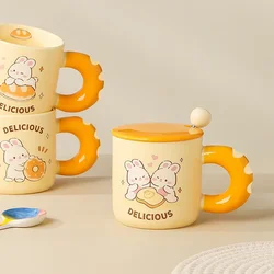 Cute Bread Rabbit Mug with Lid, High Appearance Level Ceramic Cup, Creative Personality, Home Breakfast Water Cups, 400ml