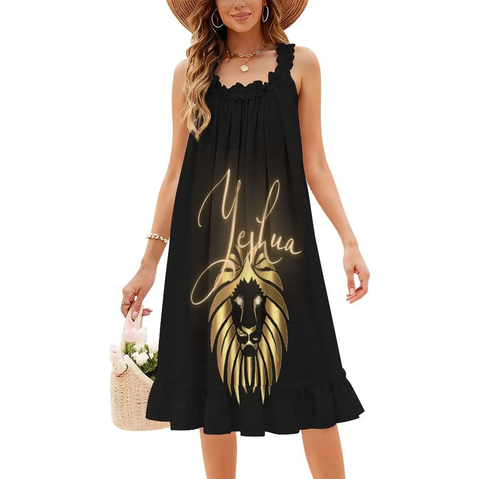 イエシュア・ゴールド・ライオン・オブ・ユダ。 ボヘミアン ノースリーブ ドレス マルチプリント ビーチ バケーション パーティー ドレス イェシュア イエス イェシュア クラシック 女性