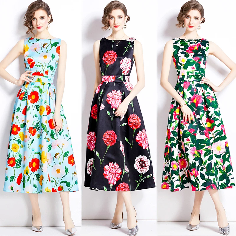 Women Elegant Flower Print Mid-length Dress Korean Version Fashion Sweet Sleeveless Vest Dress Gentle Style Dating Outfit SL101