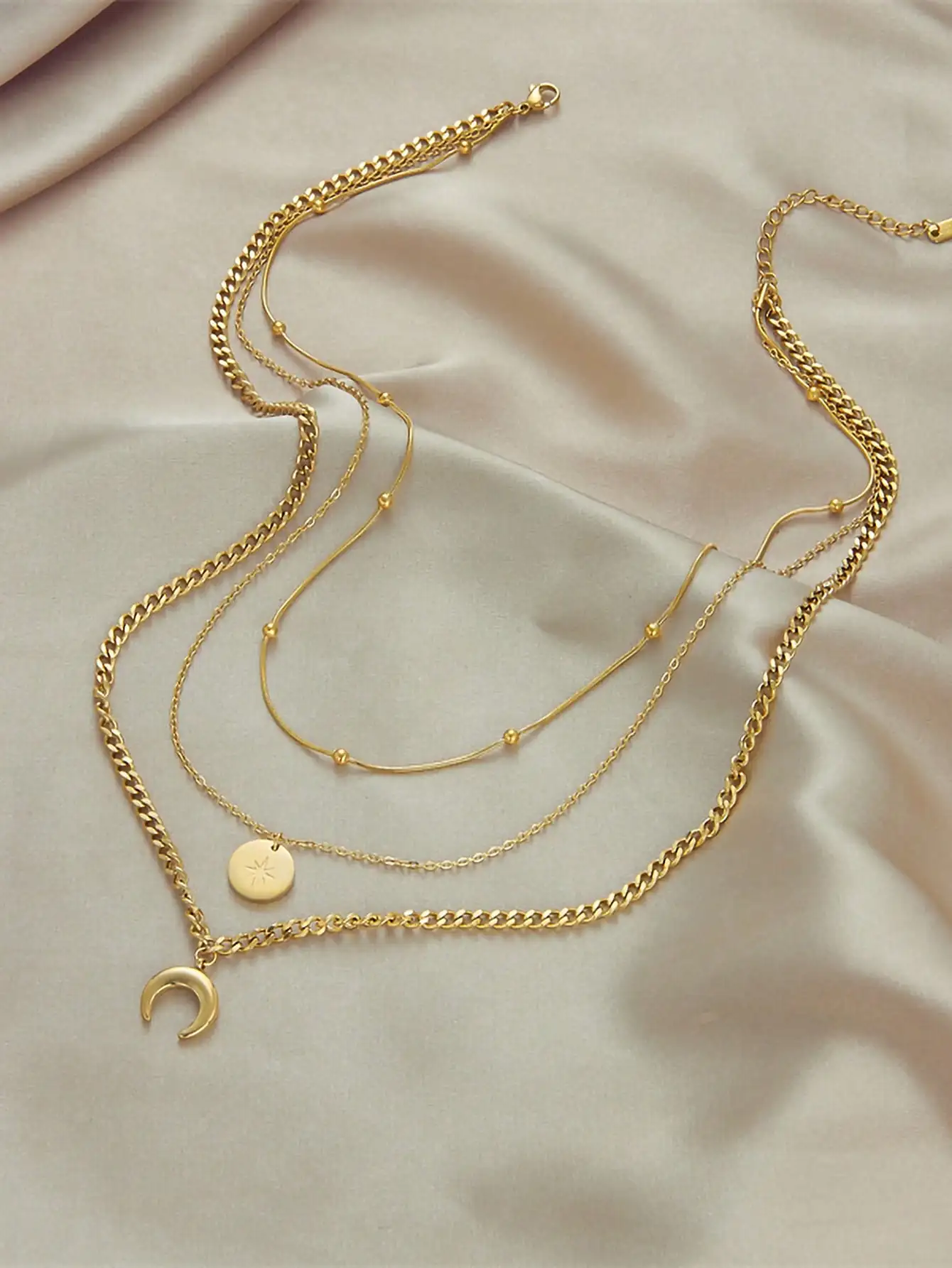 1 Star Moon Set Stainless Steel Plated 18K True Gold Women's Multi layered Necklace