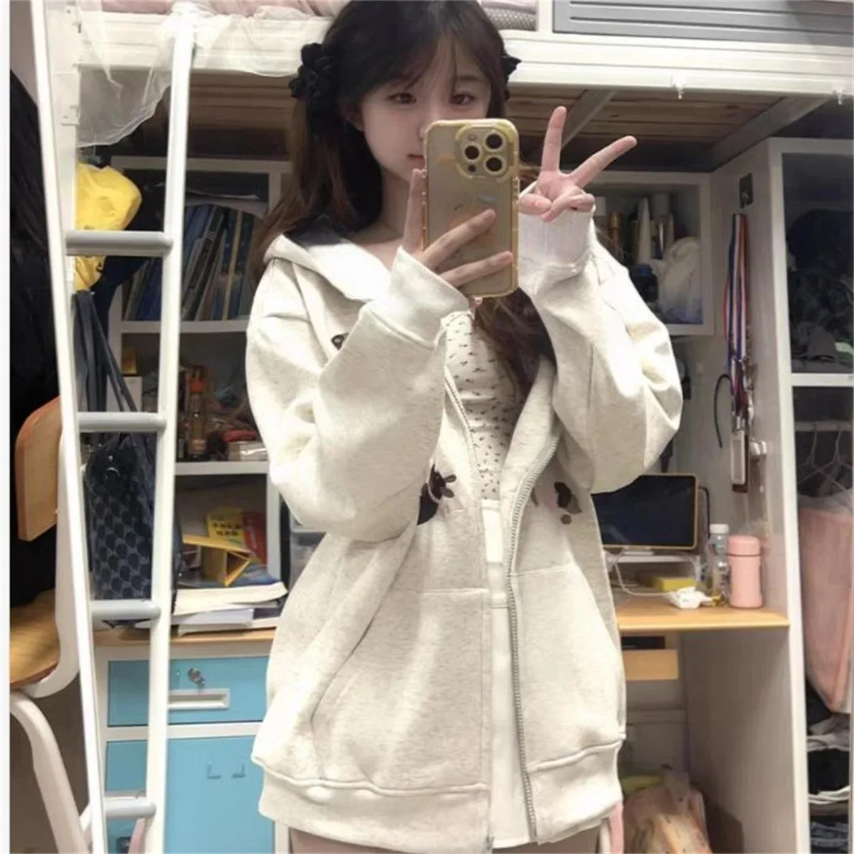 봄과 가을용 얇은 패션 트렌드 캐주얼 윈드 2025 신상 귀여운 소녀 강아지 프린트 포켓 후드 탑 긴팔