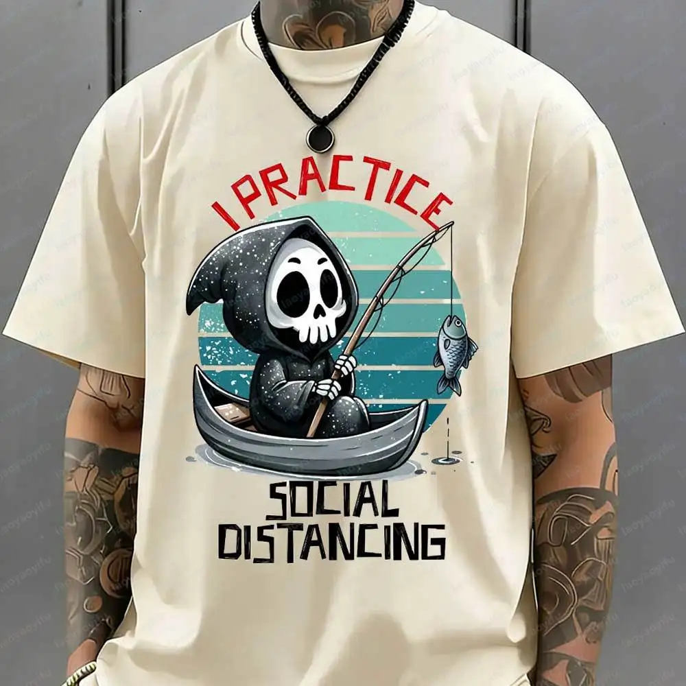 Funny Grim Reaper Fishing T-Shirt I Practice Social Distancing Cotton Casual Short Sleeve for Men Humorous Sarcasm Graphic Tops