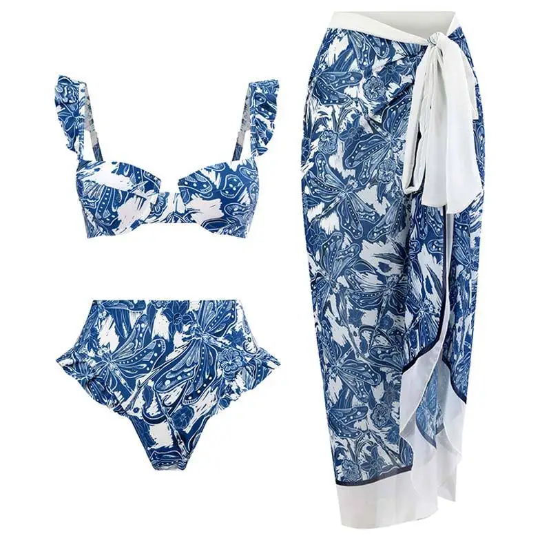 Womens Swimsuits Set Vacation Floral Printing Notched Bikini with Cover Up Bathing Suit