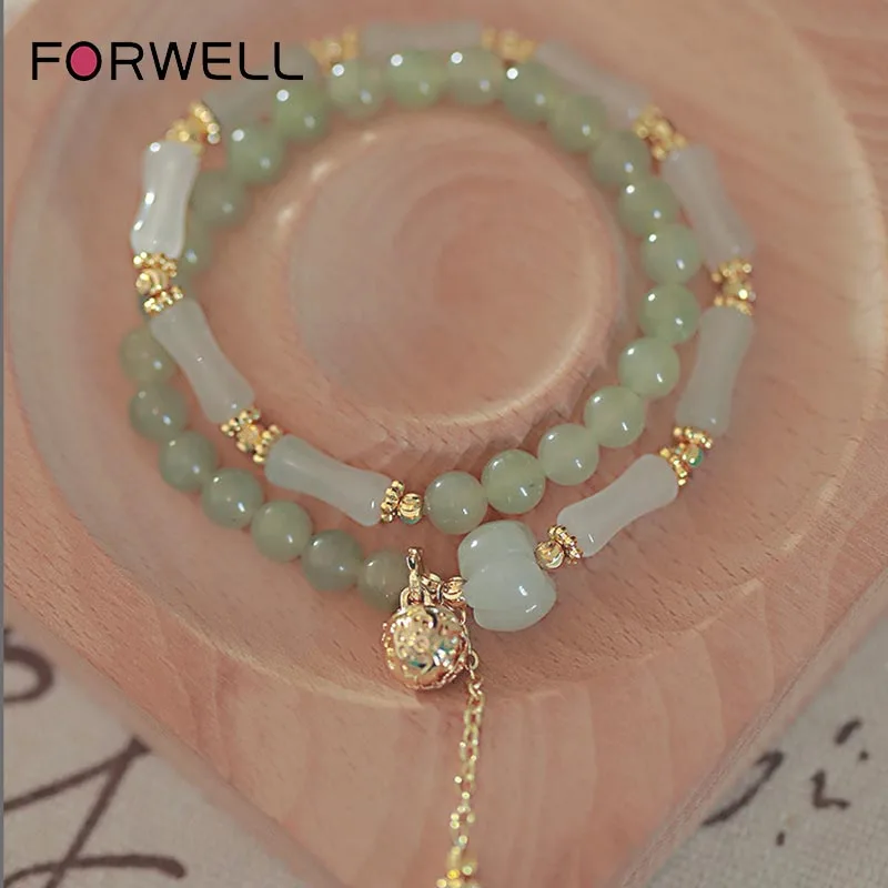 FORWELL Natural Hotan Jade Bead Bracelet Retro Bamboo-Knot Style Unisex Jewelry Gift for Best Friend Jewelry Gifts