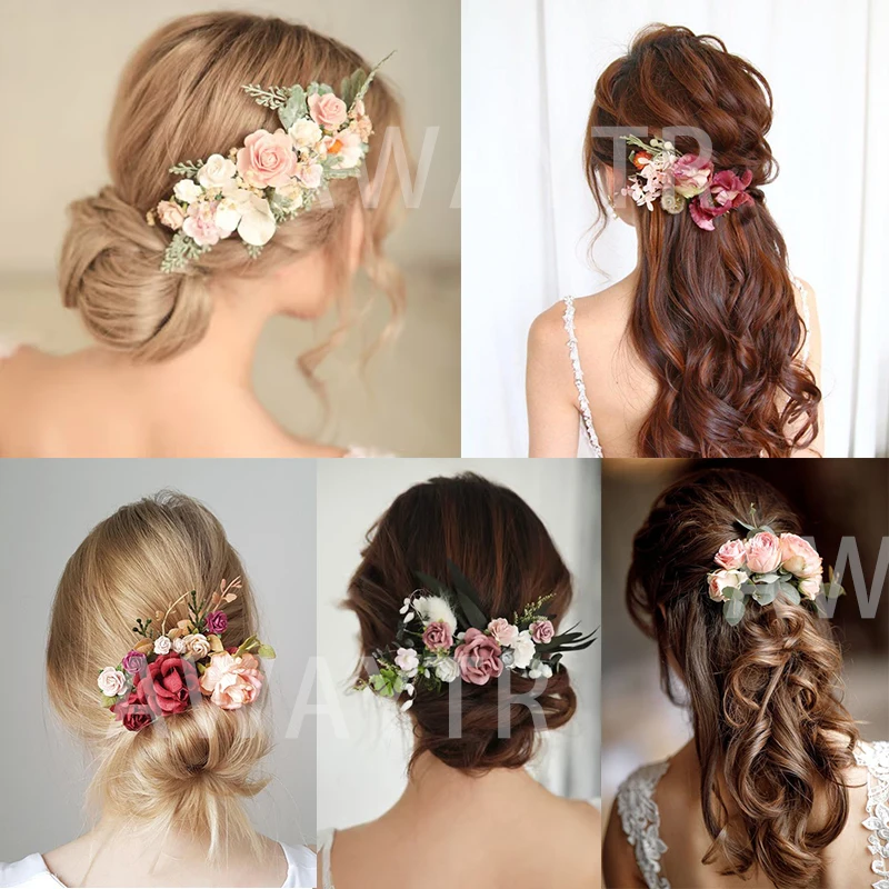 Bride Flower Hair Combs Wedding Headwear Romantic Rattan Floral Hairpin Hair Comb Clip Back of Head Women Hair Accessories