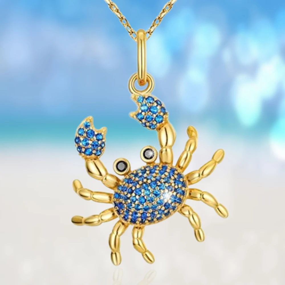 Luxury Sparkling Blue Rhinestone Crab Pendant Necklace for Women Elegant Ocean Blue Style Jewelry Romantic Valentine's Day Gifts