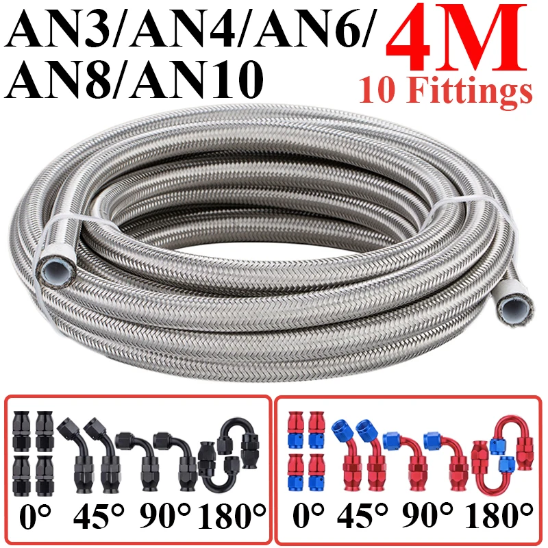 

4M AN3 AN4 AN6/8/10 E85 Stainless Steel PTFE Fuel Hose Oil Gas Cooler Line Pipe Tube 4x0° 2x45° 2x90° 2x180° Swivel End Fittings