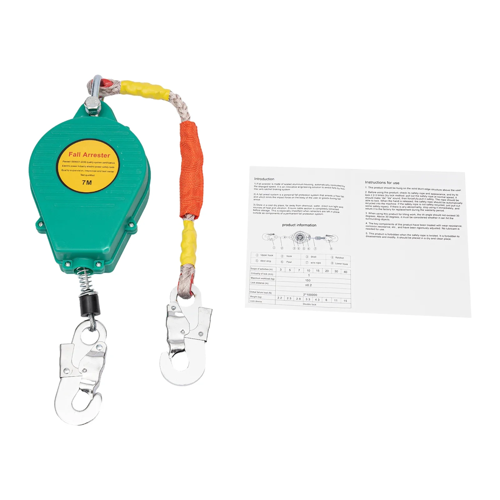 جهاز حماية من السقوط بقوة 23 قدمًا و330 رطلًا مع خطاف من سبائك الصلب وحبل أسلاك الفولاذ، للبناء الهندسي #6