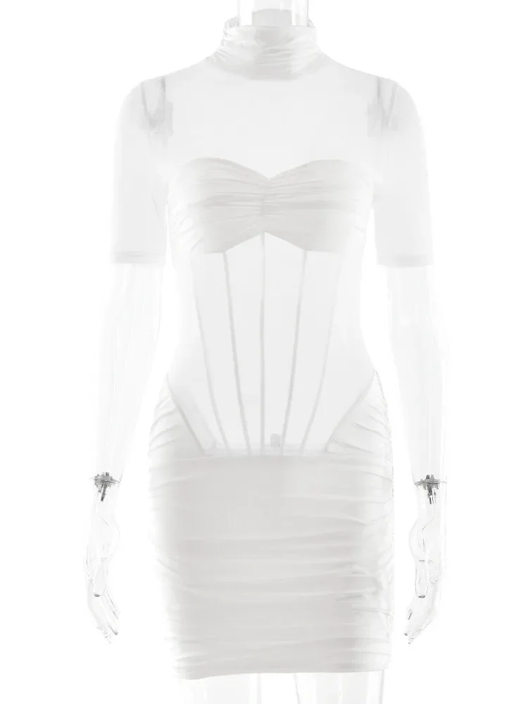 XIAOTANG Elegant Solid Color Half High Collar Dress Women Sexy Short Sleeve Sheer Tight Autumn Winter Party Club Evening Dress