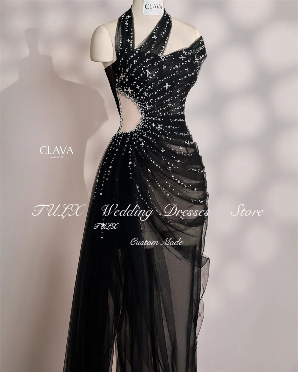 فستان سهرة عربي فاخر من التول الأسود من TULX فساتين حفلات مطرزة سباركلي مثيرة حورية البحر فستان رسمي طويل مخصص للمناسبات