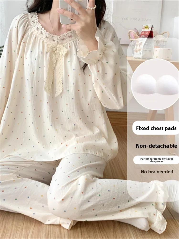 

Cloud Cotton Spwear Set Women's Spring Autumn New Sle Long Sve Sweet Cute Polka Dot Home Clothes with Chest Pad