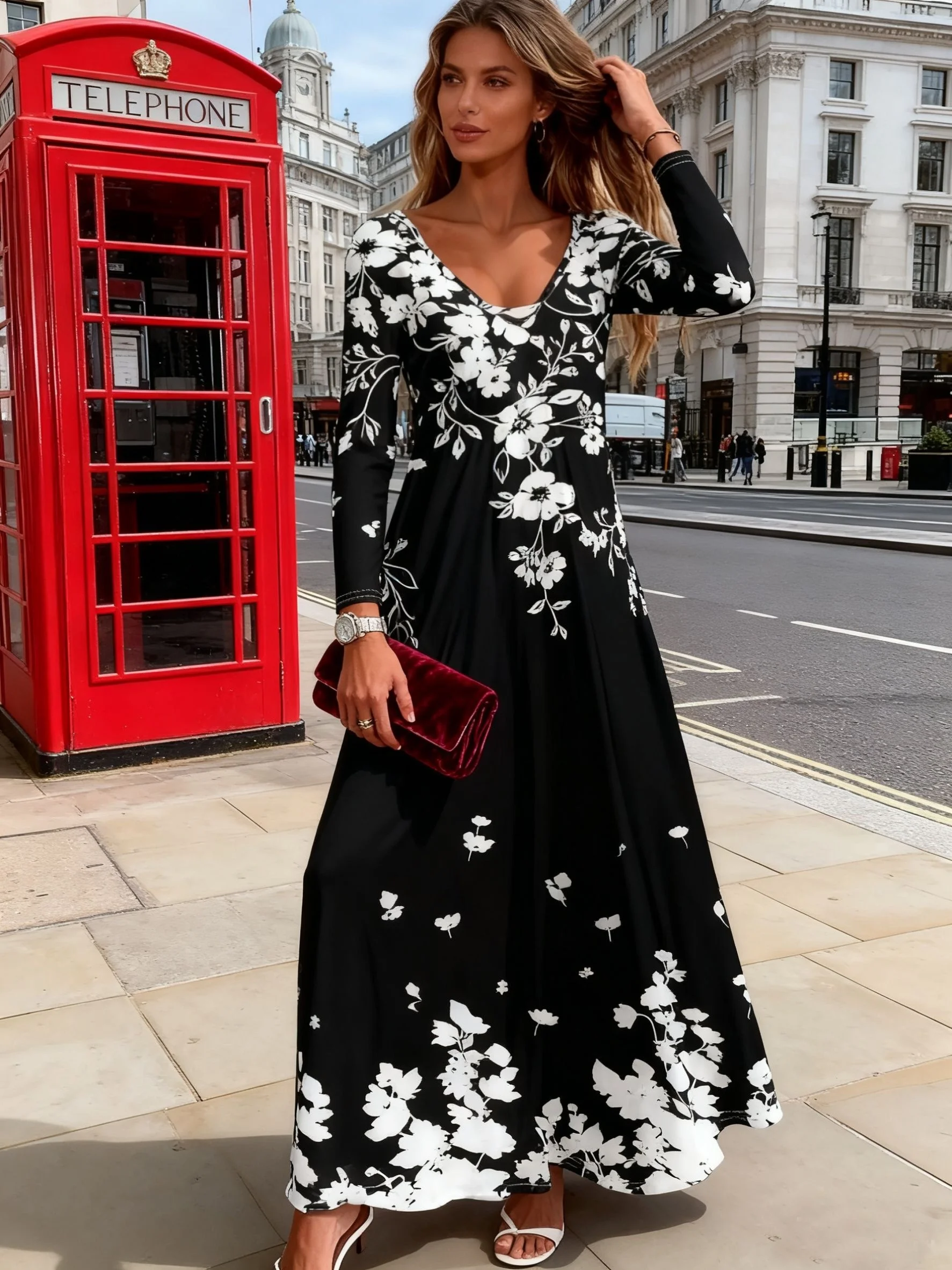 Damen Langarm-Kleid mit V-Ausschnitt, Lässiges Sommer-Urlaubskleid, Fließendes Maxikleid mit Elastischer Taille, A-Linie Bodycon-Kleid für Party, Büro und Arbeit