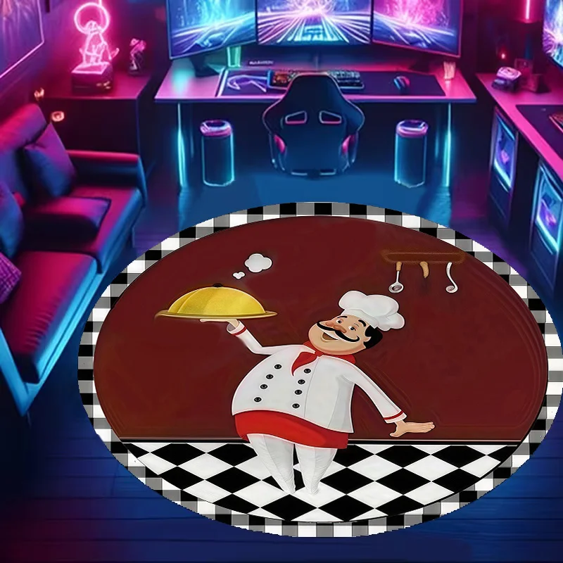 Cartoon chef serving a plate Flannel-printed round floor mats are slip-resistant Suitable for living room terrace garden carpets