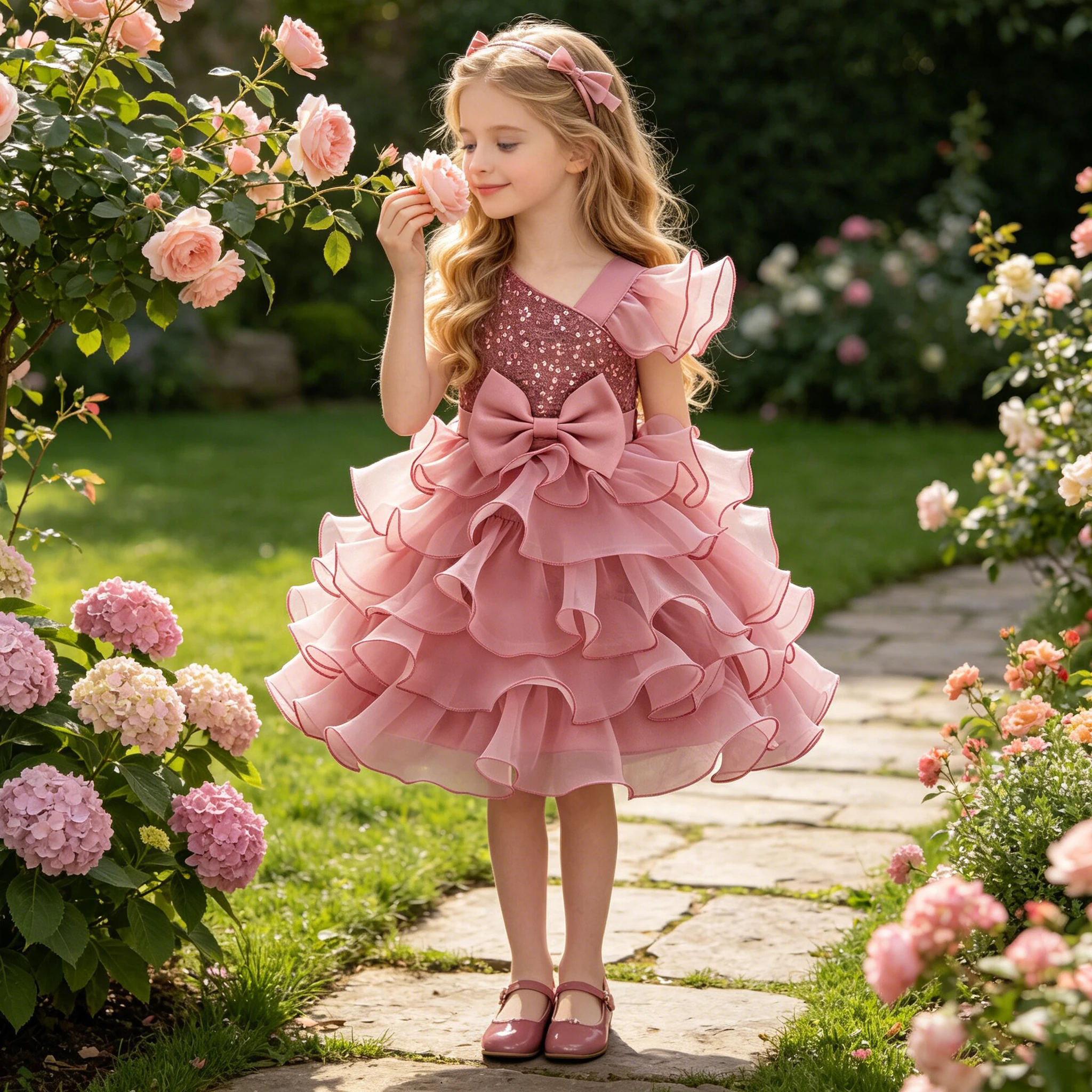 

Summer Sequin Bridesmaids Girls Dress Fly Sleeve Tulle Bow Party Wedding Princess Party Dresses Girl Birthday Evening Ball Gown