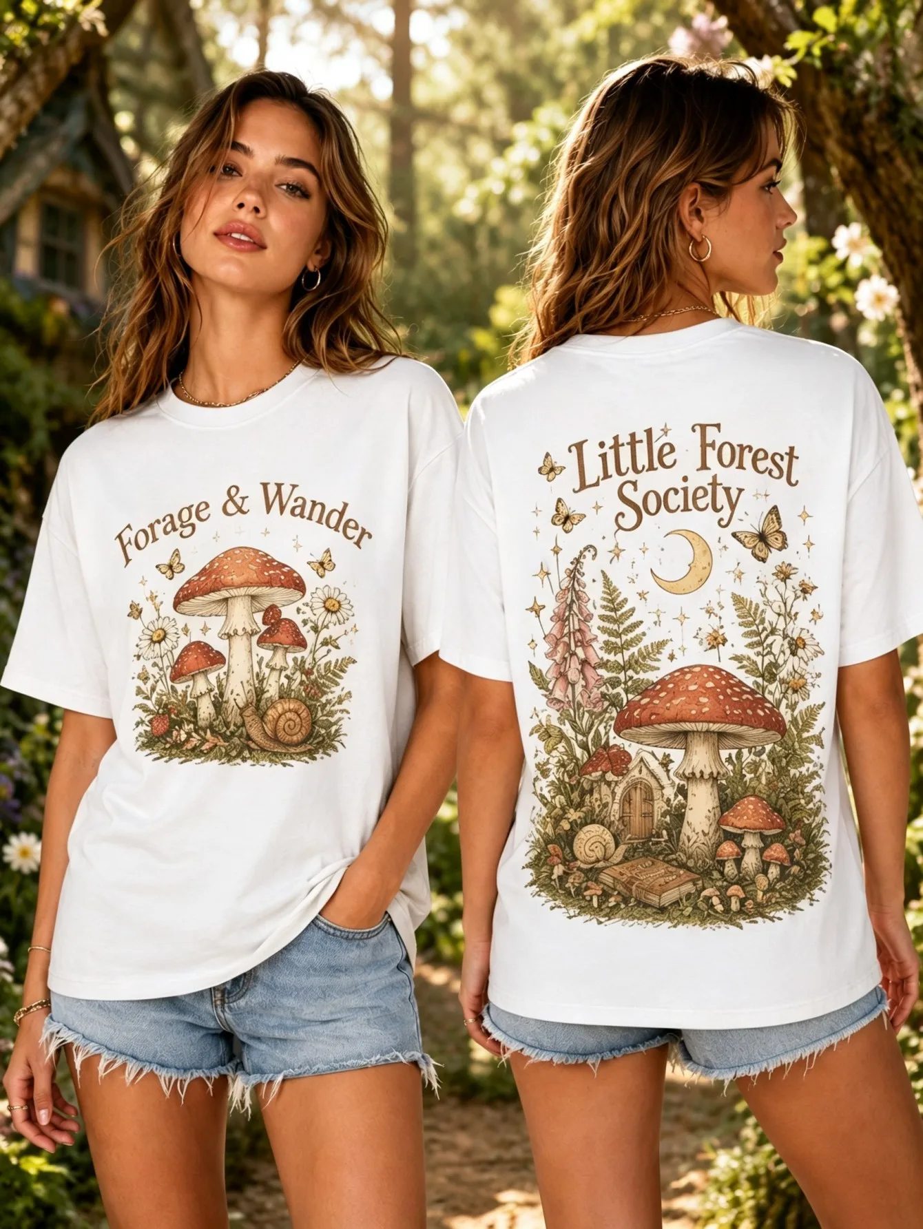 Little Forest Society T Shirt Women Double Sided Floral Toadstool Graphic Tee Funny Nature Gift for Her Summer Loose Fit Top
