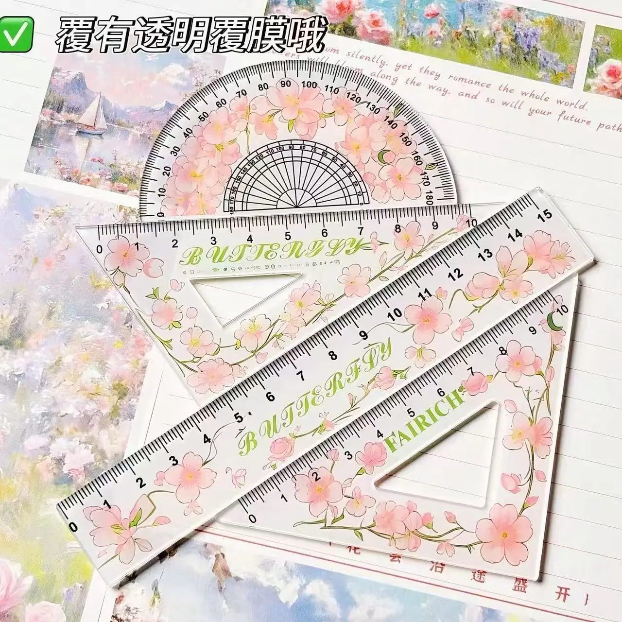 4pcs Spring Peach Blossom Ruler Set, Thickened Straight & Triangle Ruler Kit, Measuring Stationery for Students Back to School