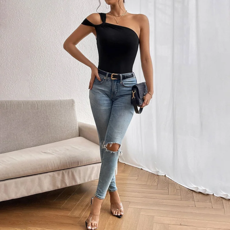 Damska letnia seksowna bluzka na jedno ramię, krótki top bez rękawów, odzież wierzchnia, nowość 2025